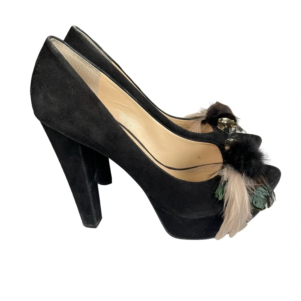 Enzo Angiolini Black Jeweled Black Suede Chunky Heel Platform Pumps. Size 9